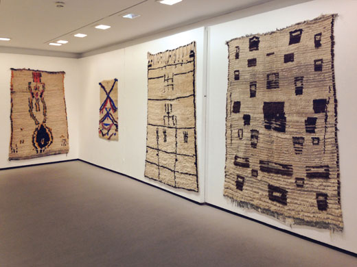 the Douglas Hyde Gallery, Dublin, Ireland: 'Textiles from the Atlas Mountains', 3 rugs from Azilal, central High Atlas + a small saddle rug from the central Middle Atlas
