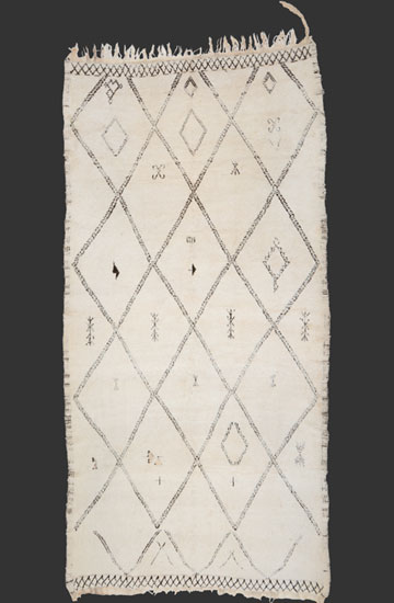 TM 2338, Beni Ouarain or Ait Youssi pile rug with highly elegant surface + very light colour, north-eastern Middle Atlas, Morocco, inscribed date 1959, ca. 410 x 195 cm (13' 6'' x 6' 6''), high resolution image + price on request







